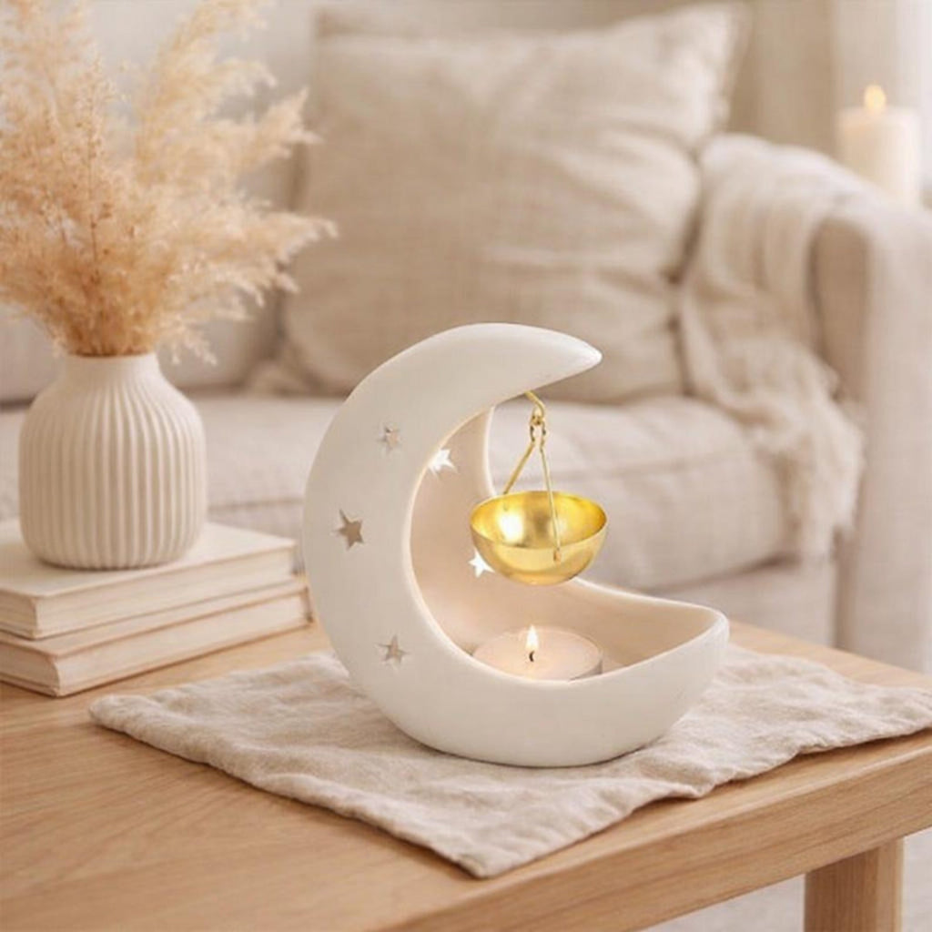 White Crescent Moon Oil Burner with Metal Dish